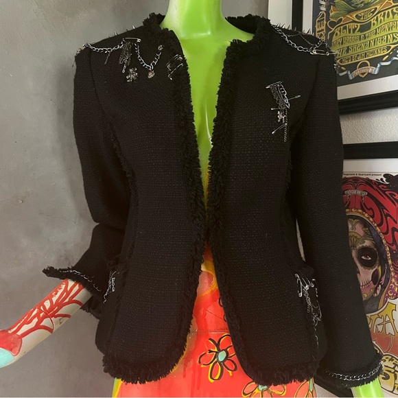 Upcycled Ann Taylor Chunky Boucle’ Jacket w. Chain, Pin & Charm Embellishments - Picture 1 of 16